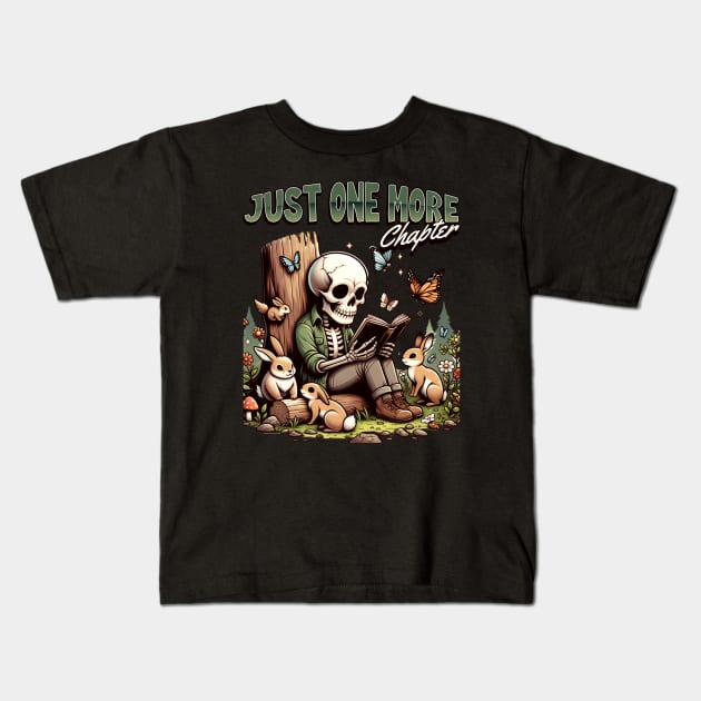 Just One More Chapter Skeleton Reading Kids T-Shirt by Hypnotic Highs